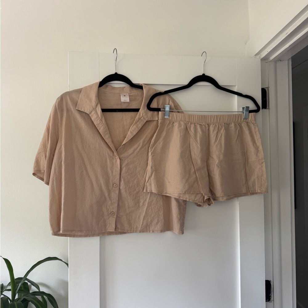 Tan Button-Up Shirt and Shorts Set